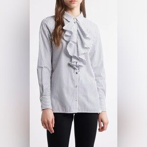 NEW Ming Wang Pinstripe Ruffle Neck Cotton Shirt NWT